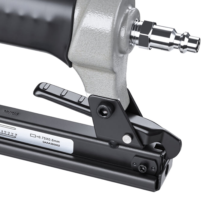 Close-up of fast nail reloading system on meite USA 1416B 22 gauge air upholstery stapler 