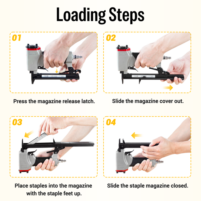 Four loading steps for meite USA 1416B 22 gauge air upholstery stapler 