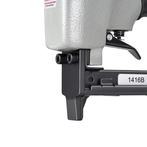 Detailed view of meite USA 1016B 22 gauge pneumatic upholstery stapler showing metal muzzle.