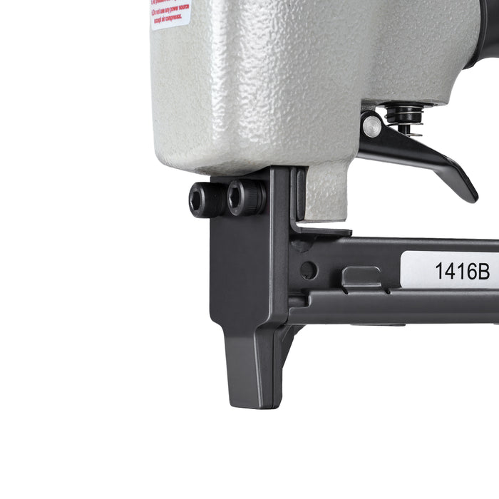 Detailed view of meite USA 1016B 22 gauge pneumatic upholstery stapler showing metal muzzle.