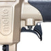 Close-up of the Meite USA 425KC 18Ga  pneumatic upholstery stapler showing sensitive trigger and meite logo on the stapler.