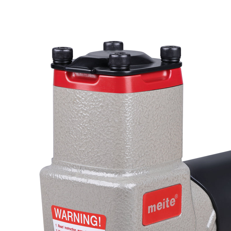 Close-up of the top housing of the meite USA 7116BL 22 gauge pneumatic upholstery stapler, showing the exhaust outlet.