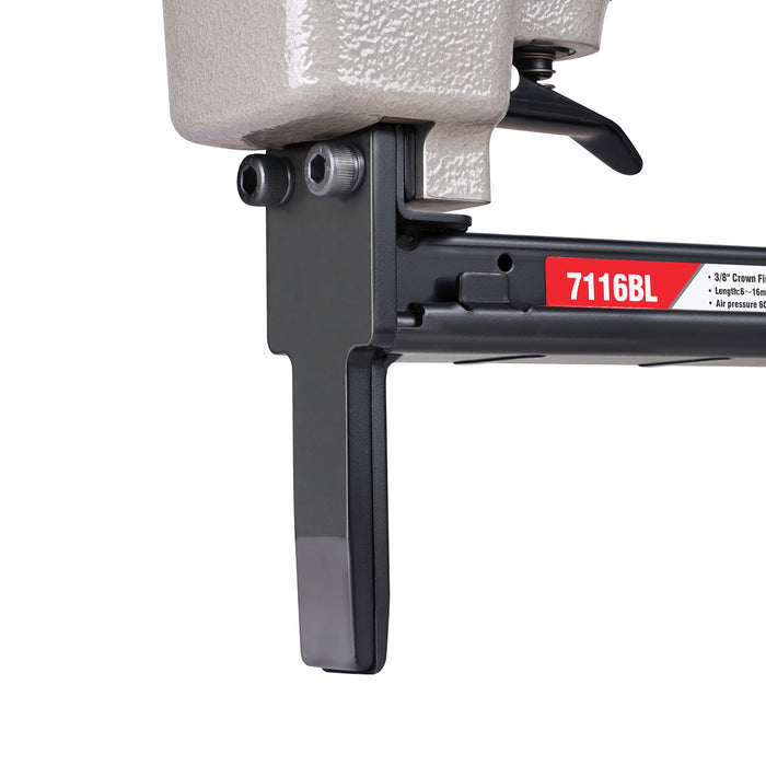Detailed view of meite USA 7116BL 22 gauge pneumatic upholstery stapler showing long nose and trigger for fine stapling work.