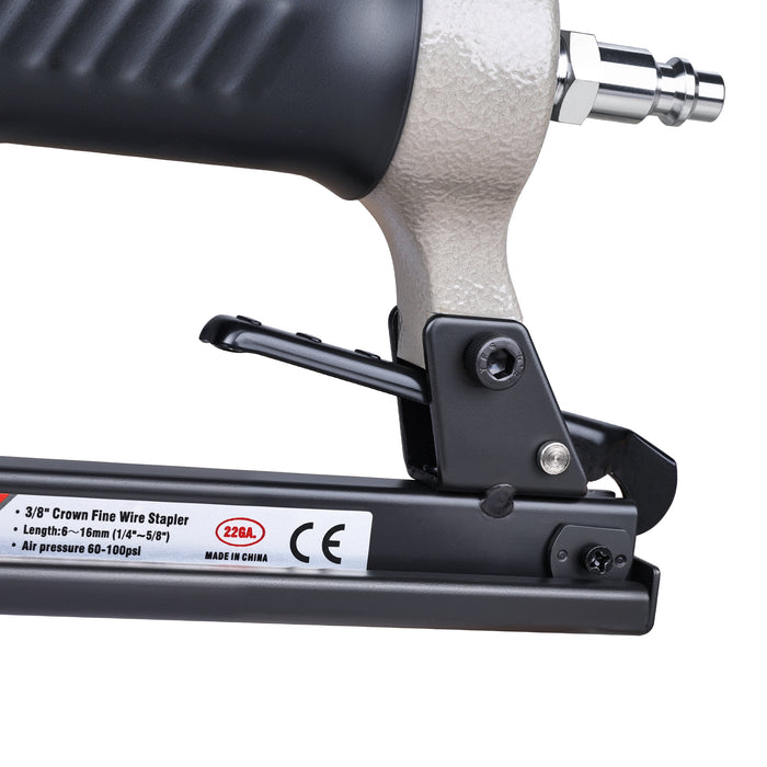 Close-up of fast nail reloading system on meite USA 7116BL 22 gauge air upholstery stapler