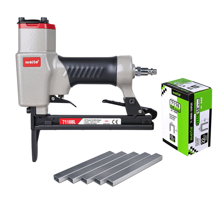 Front-facing image of the meite USA 7116BL 22Ga long nose pneumatic upholstery stapler, shown with included compatible staples.