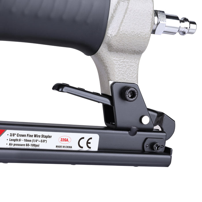 Close-up of fast nail reloading system on meite USA 7116B 22 gauge air upholstery stapler 