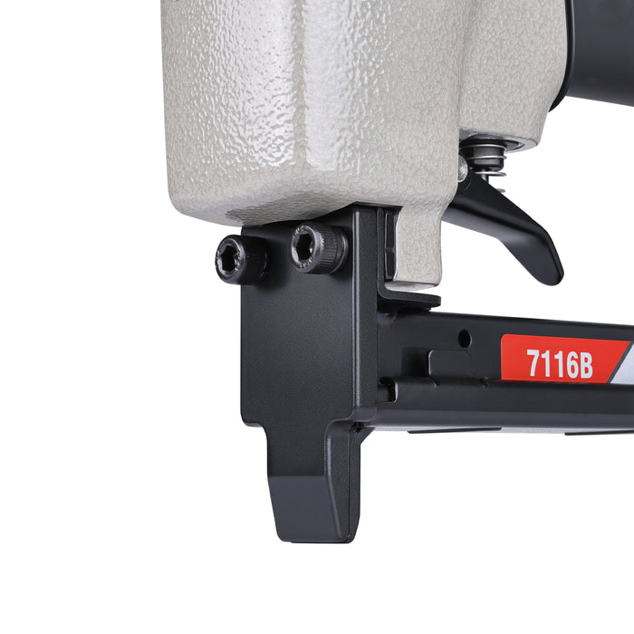 Close-up view of meite USA 7116B 22 gauge pneumatic upholstery stapler showing muzzle and trigger for fine stapling work.
