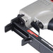 Open-nose view of the meite USA 7116B pneumatic upholstery stapler, showing the internal magazine track and staple-loading channel.