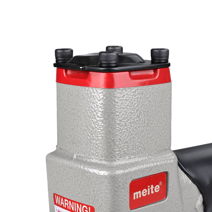Close-up of the exhaust outlet of the top of meite USA 8016BL 21 gauge pneumatic upholstery stapler