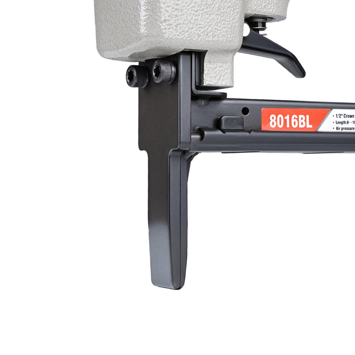 Detailed view of meite USA 8016BL 21 gauge pneumatic upholstery stapler showing long nose and trigger for fine stapling work.