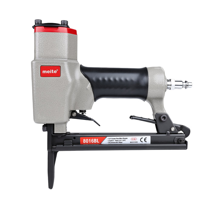 Front-view of the meite USA 8016BL 21Ga long nose pneumatic upholstery stapler