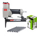 Front-view of the meite USA 8016BL 21Ga long nose pneumatic upholstery stapler, shown with included compatible staples.