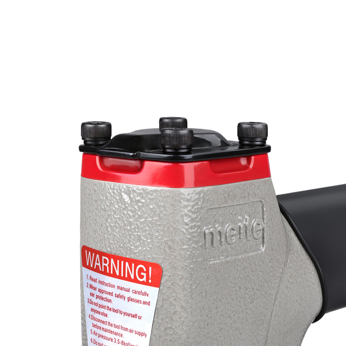 Close-up view of exhaust outlet of meite USA 8016B 21 gauge pneumatic upholstery stapler 