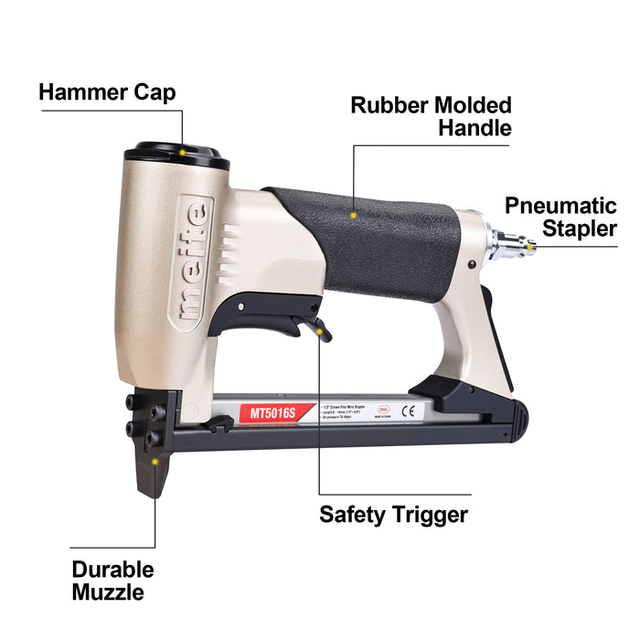 Feature diagram of meite USA MT5016S 20 gauge upholstery stapler highlighting key parts such as hammer cap, rubber handle, and safety trigger
