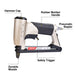 Feature diagram of meite USA MT5016S 20 gauge upholstery stapler highlighting key parts such as hammer cap, rubber handle, and safety trigger