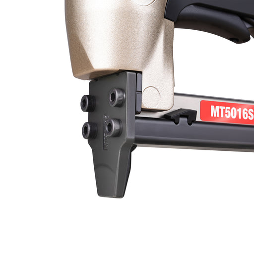 Close-up of meite USA MT5016S pneumatic upholstery stapler showing durable metal nose and precision design for fine stapling work.