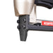 Close-up of meite USA MT5016S pneumatic upholstery stapler showing durable metal nose and precision design for fine stapling work.
