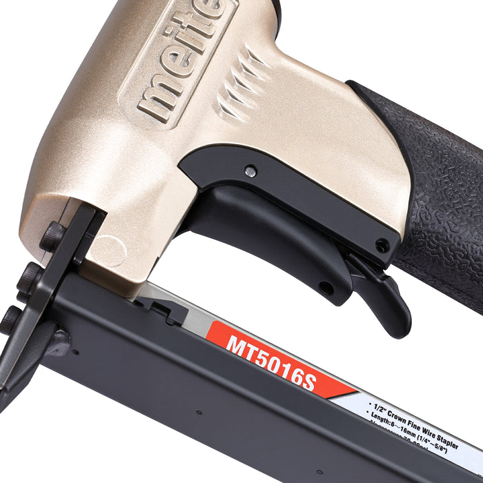 Close-up of safety mechanism on meite USA MT5016S 20 gauge air stapler ensuring safe stapling performance