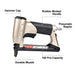 Feature diagram of meite USA MT7105 22 gauge upholstery stapler highlighting key parts such as hammer cap, rubber handle, metal muzzle