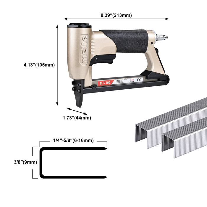 Dimensions and compatible staple specifications of the meite USA MT7105 22Ga pneumatic upholstery stapler