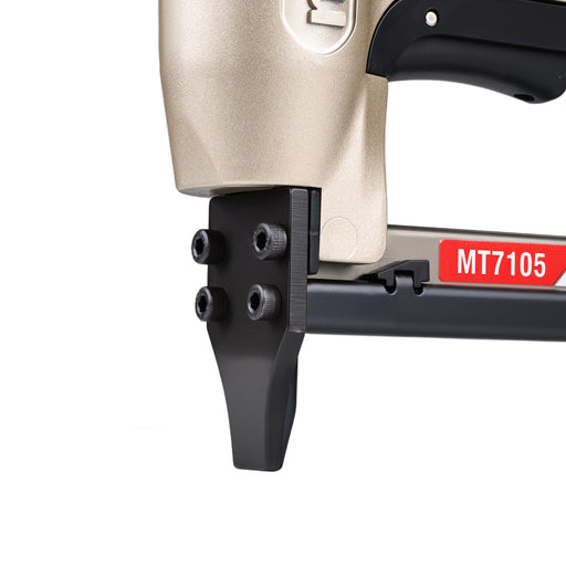 Close-up view of meite USA MT7105 22 gauge pneumatic upholstery stapler showing metal muzzle and trigger for fine stapling work.