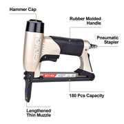 Feature diagram of meite USA MT7116LN 22 gauge upholstery stapler highlighting key parts such as hammer cap, rubber handle, and long nose
