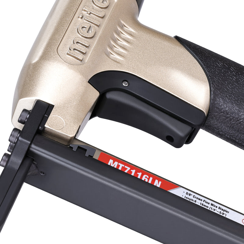 Close-up of the trigger section of the meite USA MT7116LN 22Ga pneumatic upholstery stapler.