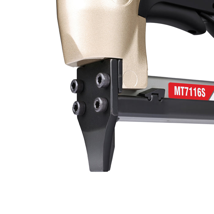 Close-up for meite USA MT7116S 22 gauge pneumatic upholstery stapler showing metal muzzle and trigger for stapling work.
