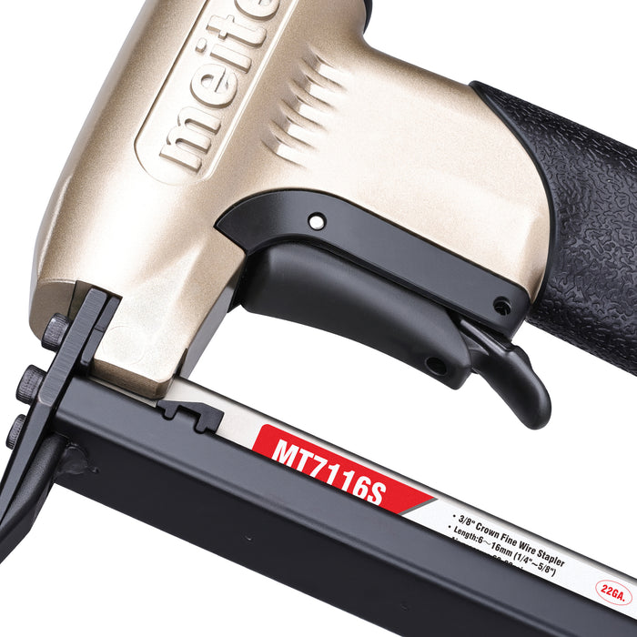 Close-up of the trigger section of the meite USA MT7116S 22Ga pneumatic upholstery stapler.