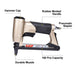Features diagram of meite USA MT7116 22 gauge upholstery stapler highlighting key parts such as hammer cap, rubber handle, metal muzzle, large capacity