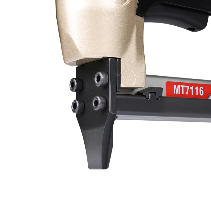 Detailed view of meite USA MT7116 22 gauge pneumatic upholstery stapler showing metal muzzle and trigger for stapling work.