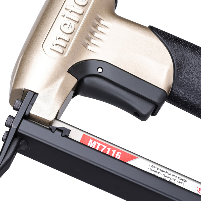 Close-up of the trigger section of the meite USA MT7116 22Ga pneumatic upholstery stapler.