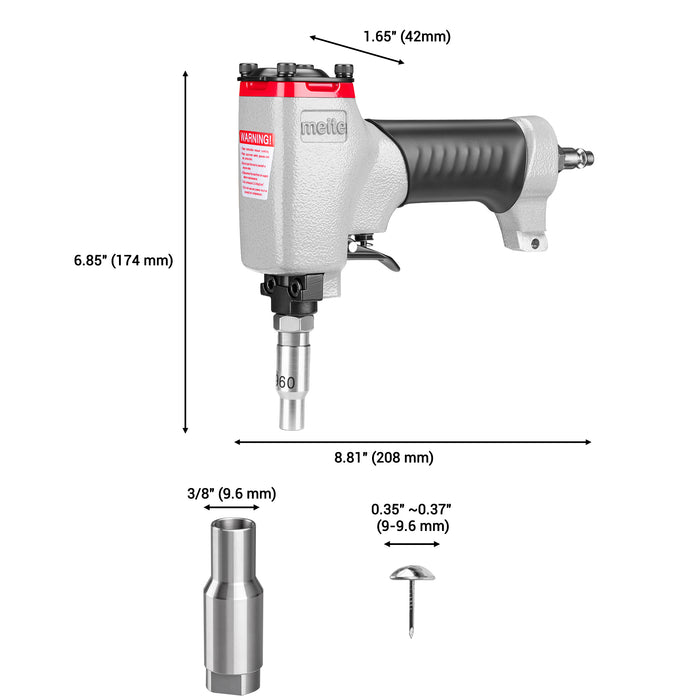 length, width and height information of meite USA 0960 pneumatic decorative nailer on white background
