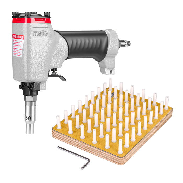 Meite USA 0960 Pneumatic Deco Nailer, pallet tray, and hex wrench display on white background