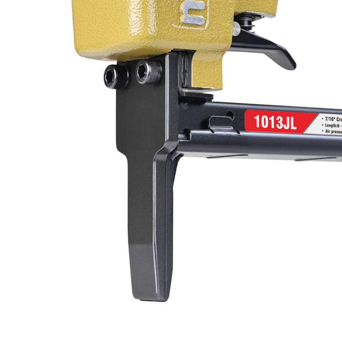 Detailed view of meite USA 1013JL 20 gauge pneumatic upholstery stapler showing long nose and trigger for fine stapling work.