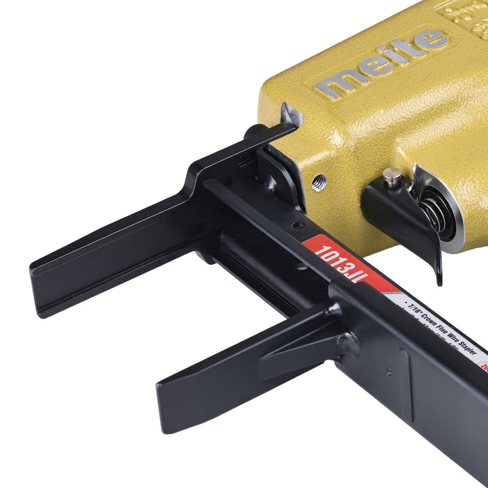 Detailed view of meite USA 1013JL 20 gauge pneumatic upholstery stapler showing openning long nose.