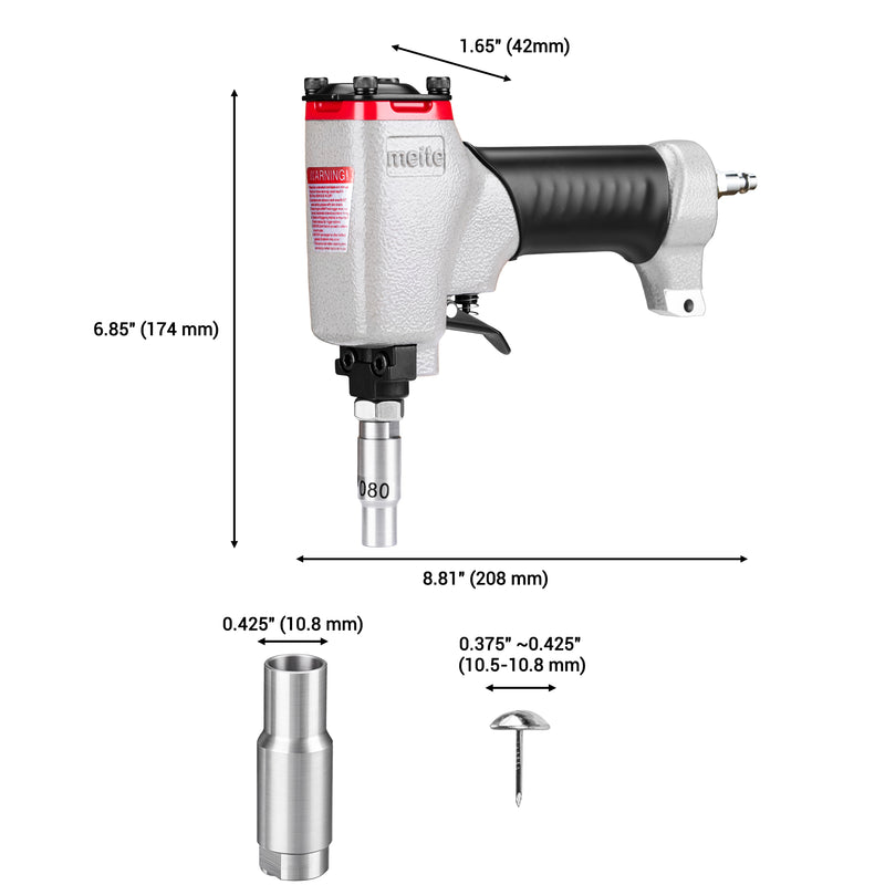 length, width and height information of meite USA 1080 pneumatic decorative nailer on white background