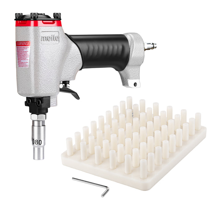 Meite USA 180 Pneumatic Deco Nailer, pallet tray, and hex wrench display on white background