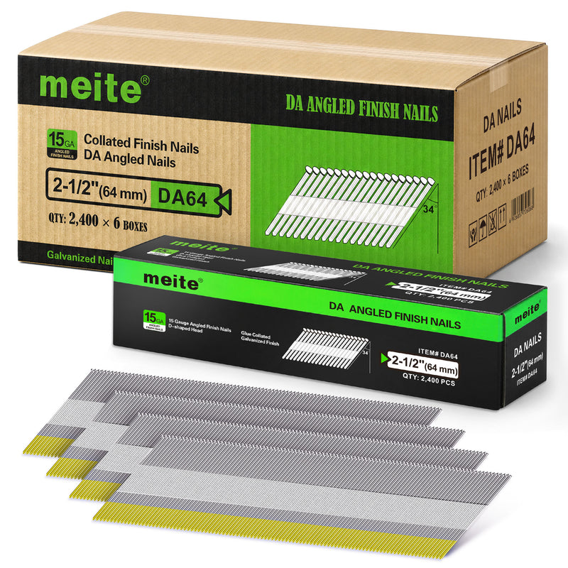 meite USA 15 gauge 34 degree 2-1/2 inches DA angled finish nails, 8 boxes per case, 14400 pcs in total, shows with one box packaging