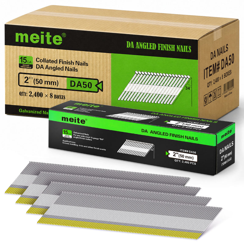 meite USA 15 gauge 34 degree 2 inches DA angled finish nails, 8 boxes per case, 19200 pcs in total, shows with one box packaging