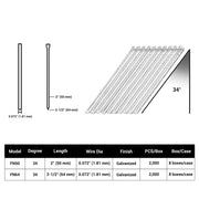 Size specification chart for meite USA 15 gauge 34 degree angled finish nails