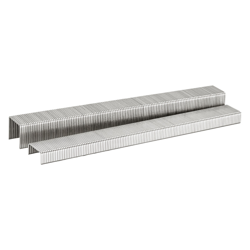 Two strips of meite USA 21Ga 1/2" Crown 304 Stainless Steel Fine Wire Staples in white background