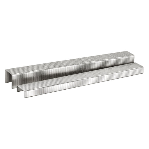 Two strips of meite USA 21Ga 1/2" Crown 304 Stainless Steel Fine Wire Staples in white background