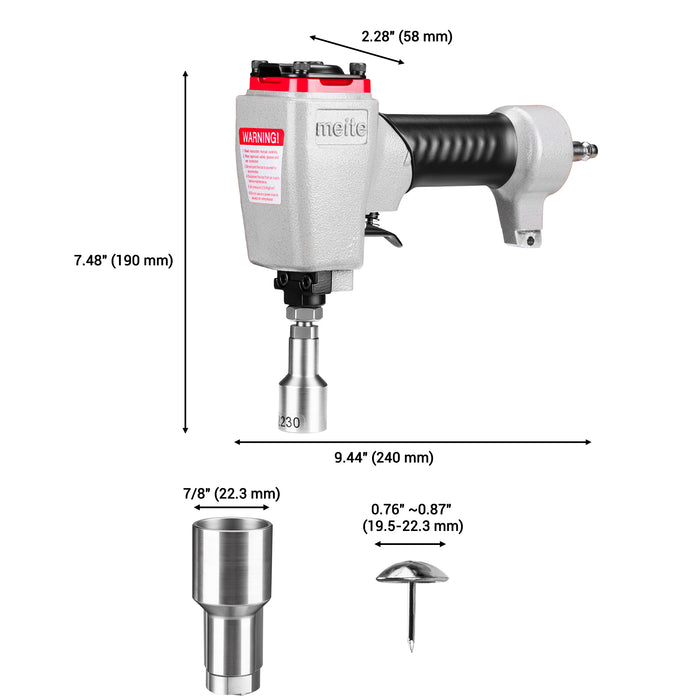 length, width and height information of meite USA 2230 pneumatic decorative nailer on white background