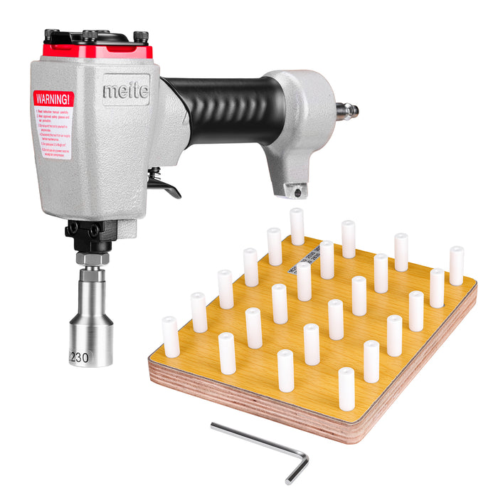 Meite USA 2230 Pneumatic Deco Nailer, pallet tray, and hex wrench display on white background