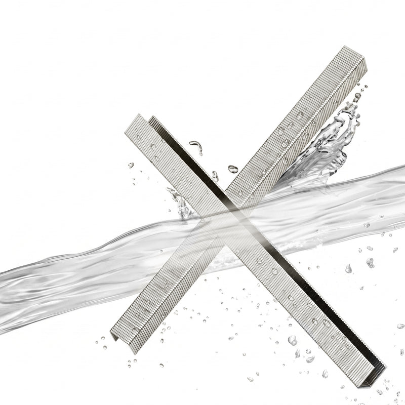 Two strips of meite USA 22 gauge 3/8" crown 3/8 inch length 316 stainless steel upholstery staples, shows water-proof feature