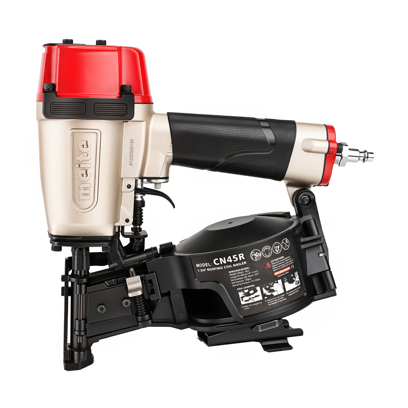 meite USA CN45R 1-3/4‘’ Pneumatic Coil Roofing Nailer in white background