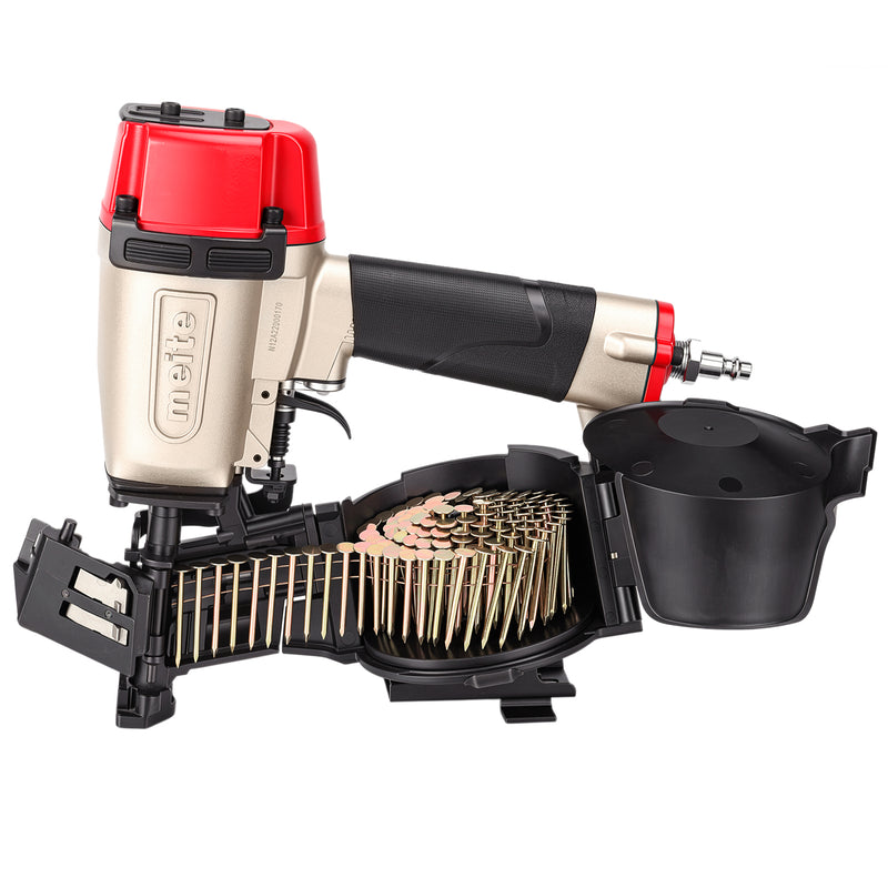 meite USA CN45R Pneumatic Coil Roofing Nailer loading with roofing nails in opening magazine in white background