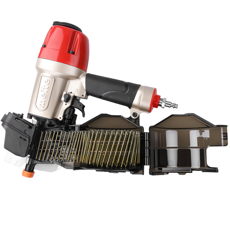 meite USA CN65S 2-1/2'' Pneumatic Coil Siding Nailer loading with coil nails in opening magazine in white background