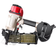 meite USA CN65 2-1/2'' Pneumatic Coil Siding Nailer loading with coil nails in opening magazine in white background